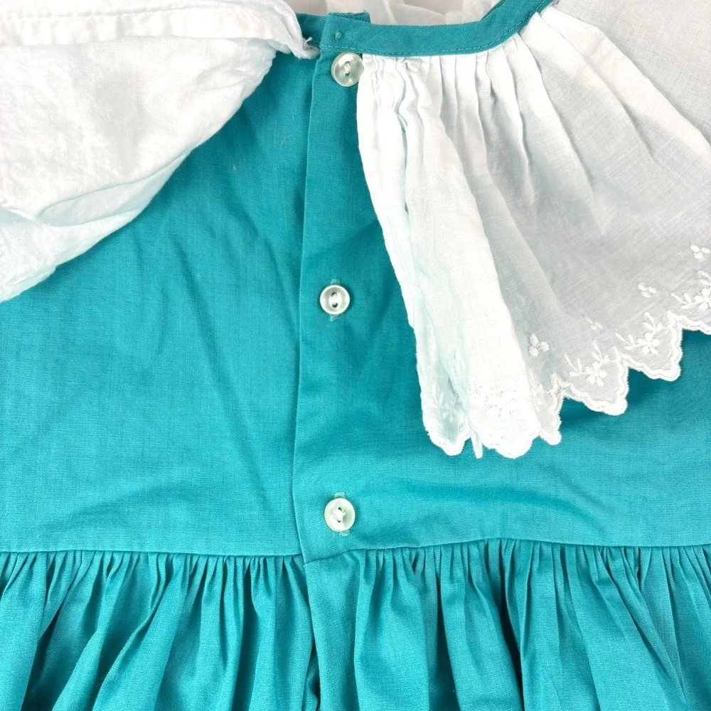 Handmade Girls Dress Sz 7/8? Teal White‎ Embroidered Collar Puff Sleeves Empire